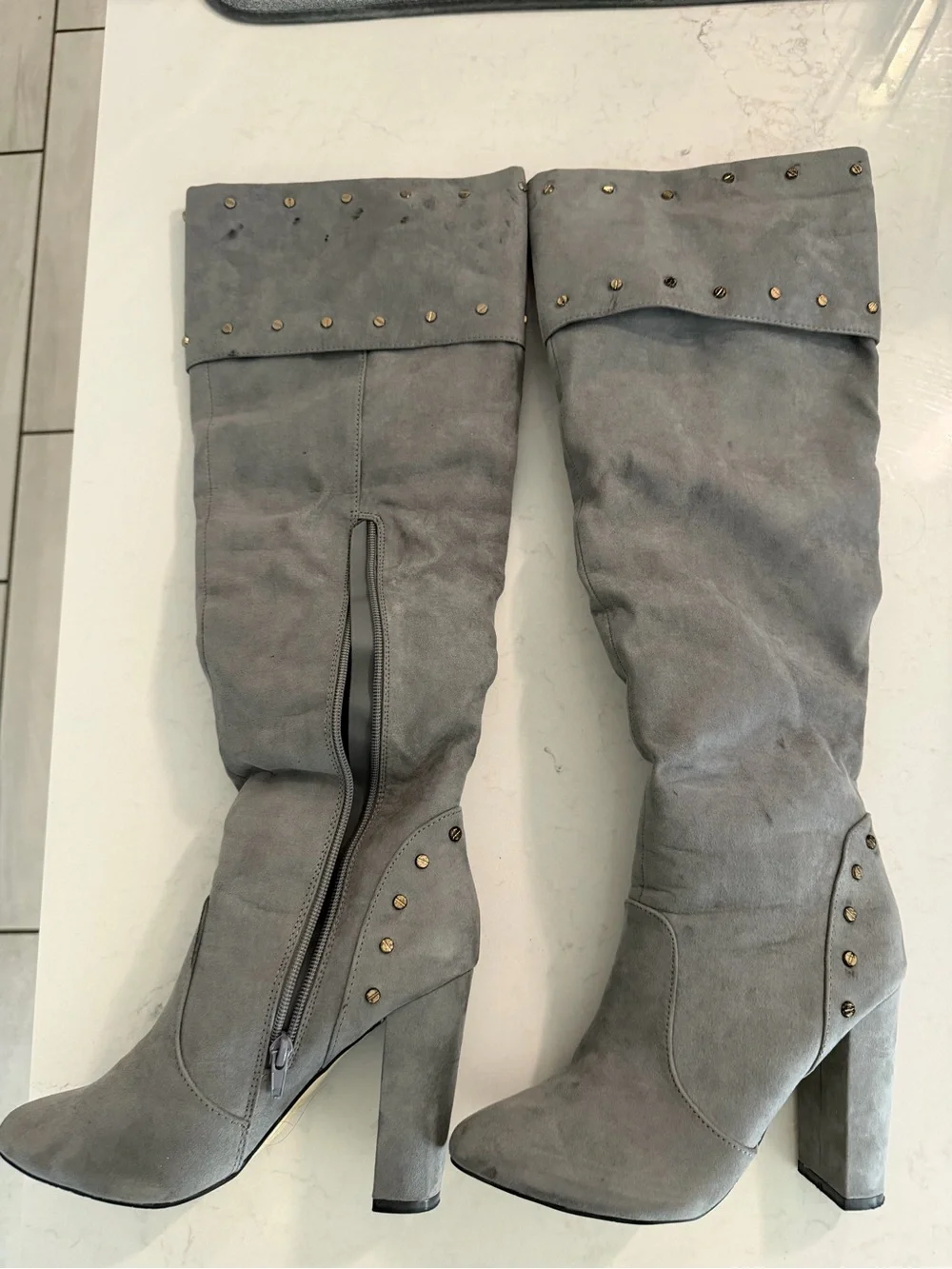 JustFab Gray Fold-Over Over-the-Knee Studded High-Heel Boots